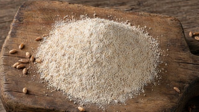 emmer. Coarsely ground emmer flour on a rustic wooden board, textured surface. menu design, packaging mockups, designed for food delivery and cloud-kitchen brand materials.