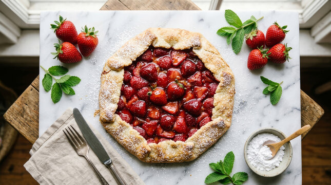 A delicious strawberry galette sits on a marble surface, surrounded by fresh strawberries and mint, ready to be enjoyed.