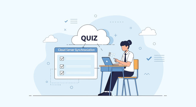 Student taking online quiz on laptop, cloud synchronization concept