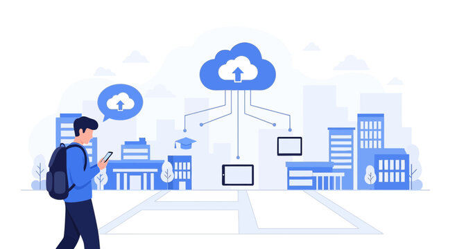 Student uses smartphone accessing cloud services with city buildings background