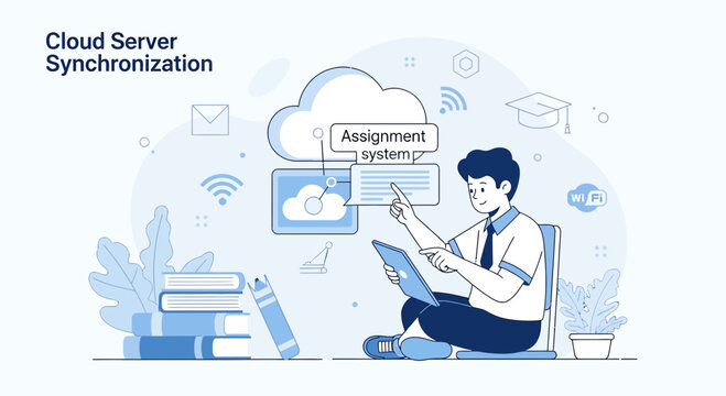 Student using cloud server for assignment synchronization, remote learning concept