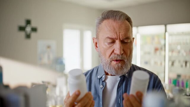 Closeup client comparing pill bottles examining medication in pharmacy alone