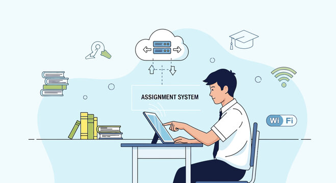 Student using tablet for assignment system, online education concept