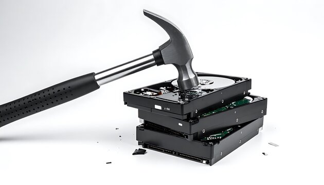 Hammer smashing stack of hard drives, data destruction concept, electronic waste, technology breakdown