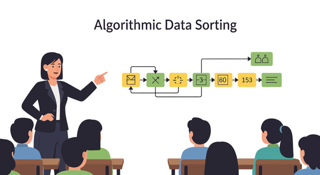 Teacher explaining algorithmic data sorting to students in classroom