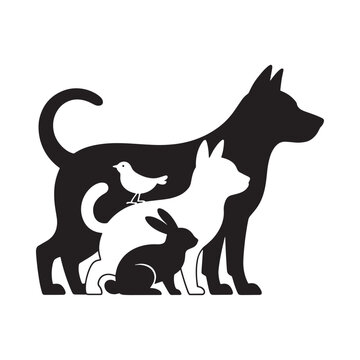 black and white silhouette of dog cat rabbit and bird standing together