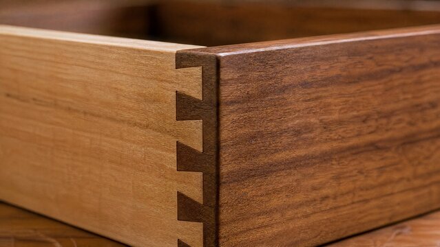 dovetail. Close-up of a handcrafted wood dovetail joint showing fine wood grain. real-estate listings, architecture portfolios, designed for real-estate listing and luxury residence showcases.