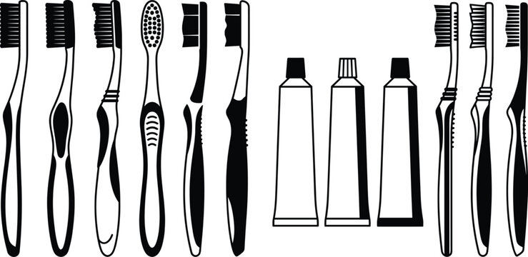 Black and white vector illustration set of various toothbrushes and toothpaste tubes for dental hygiene and oral care
