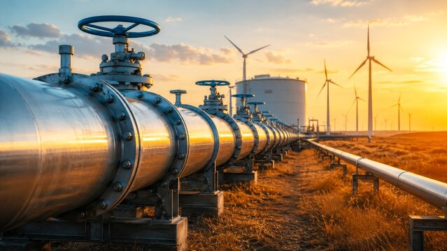 A pipeline stretches towards the horizon, accompanied by wind turbines, against a vibrant sunset, showcasing energy infrastructure in a rural setting.