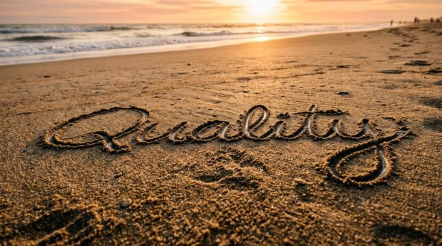 A person is writing the word 'Quality' in the sand on a beach at sunset. The ocean waves are gently lapping at the shore, and a few people are walking along 