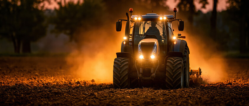 Tractor Plowing Field at Sunset with Dust and Golden Light .AI Generative