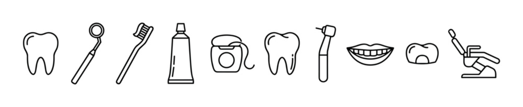 Dental care items and tools are essential for maintaining good oral hygiene and health, represented as a collection of line art icons.