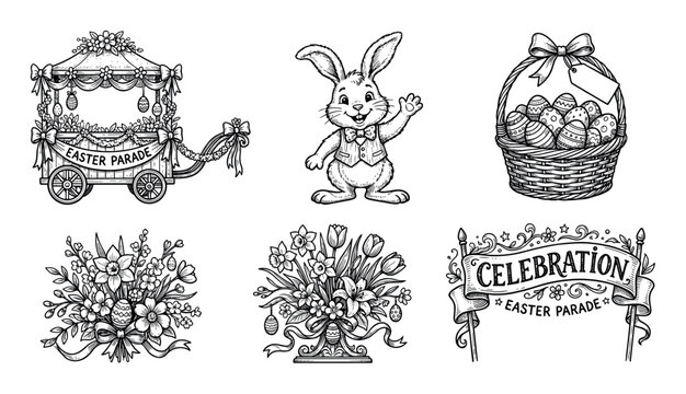 Easter holiday collection of festive illustrations featuring a charming bunny, decorated eggs, spring flowers, and parade elements.