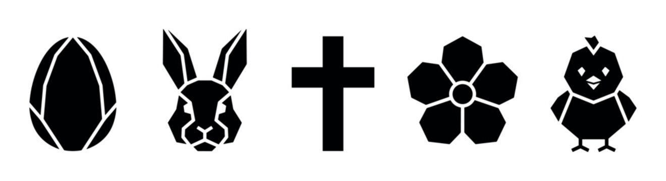 Easter egg rabbit cross flower chick symbols in a modern geometric black silhouette style representing spring and religious holidays.