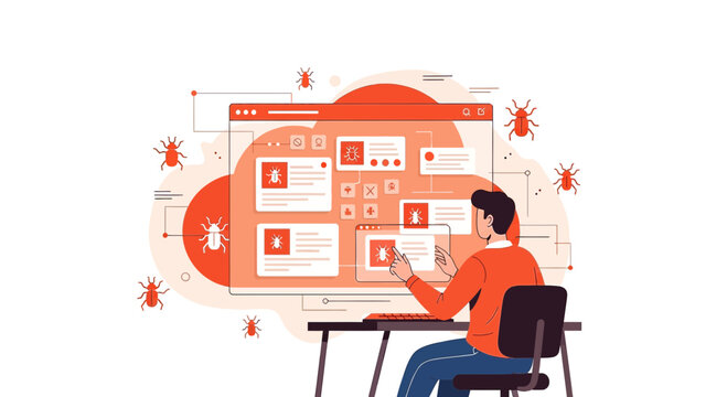 Software developer debugging code with bugs and errors on screen.