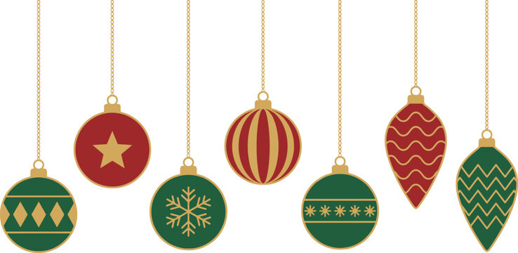 Six hanging christmas baubles in red and green with gold star snowflake striped and zigzag patterns suspended by thin gold chains against a white background