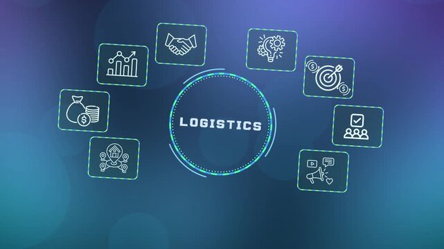 Modern logistics management concept with digital icons representing supply chain, global distribution, and transportation network on blue background.