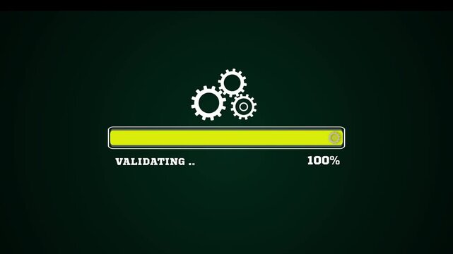 Security validating progress bar with spinning mechanical gears, representing data authentication and digital certificate check.
