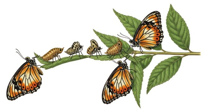 Monarch Butterfly Life Cycle Stages from Egg to Adult on Leaves.