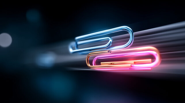 Conceptual 3D Illustration of Digital PDF Documents Linked Together by Glowing Paperclips for Secure Data File Sharing