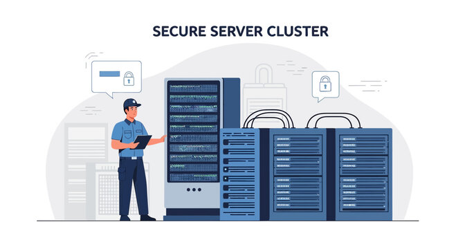 Secure Server Cluster with Technician and Data Security Icons
