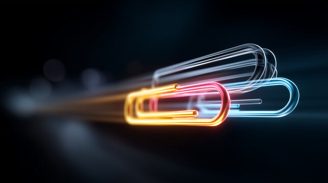 Conceptual 3D Illustration of Digital PDF Documents Linked Together by Glowing Paperclips for Secure Data File Sharing