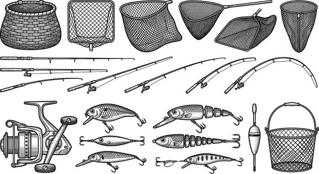 Comprehensive vintage vector collection of fishing equipment including rods reels lures landing nets and wicker creel baskets