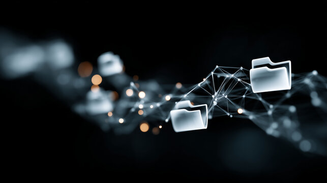 Digitized data flows seamlessly across a futuristic digital interface, files and folders float in an ethereal network. representing the evolution of information in a clean design.