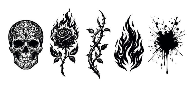Collection of edgy graphic design elements featuring an ornate skull, a flaming rose, a thorny vine, a stylized fire, and an ink splatter.