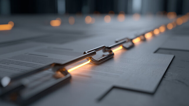 Conceptual 3D Illustration of Digital PDF Documents Linked Together by Glowing Paperclips for Secure Data File Sharing