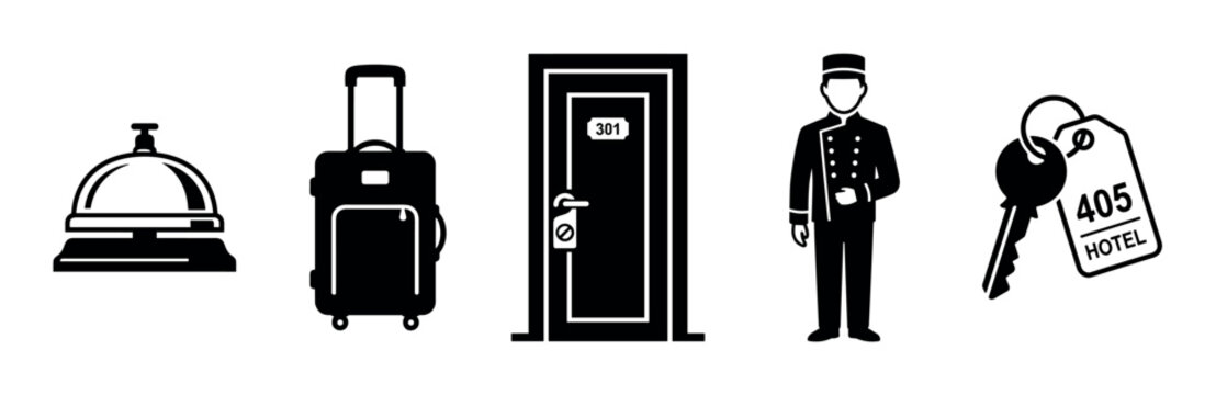 Hotel icons and hospitality symbols set, depicting essential elements of travel, accommodation, and guest services for modern businesses.