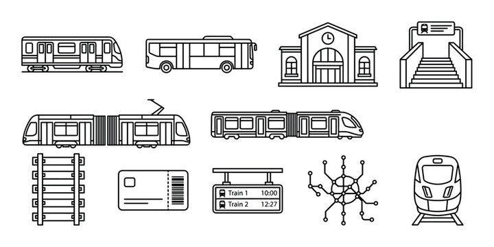 Public transportation icons set featuring various vehicles like trains, trams, and buses, along with station elements, tickets, and route maps, illustrating urban transit.