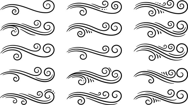 Hand drawn vector collection of wind gust symbols decorative swirls and filigree scrolls for creative graphic design
