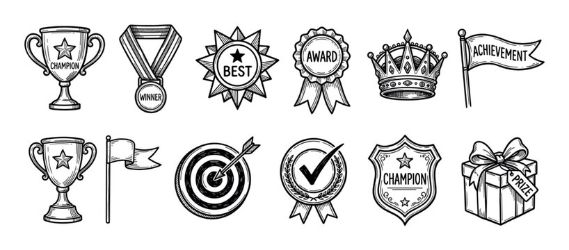Collection of hand-drawn success and achievement symbols including trophies, medals, crowns, and awards in a vintage sketch style.
