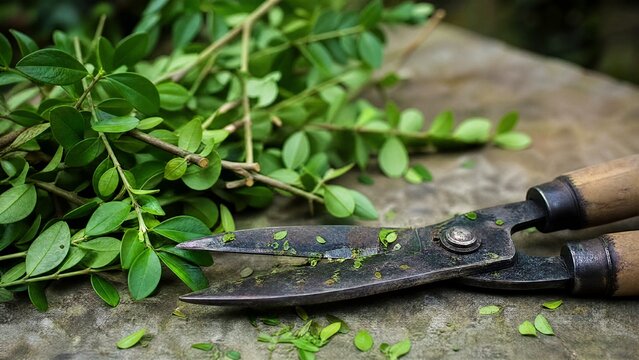 privet. Garden shears with fresh leaf fragments beside cut privet branches. gardening catalogs, home-decor guides, designed for home decor and floral branding and gardening and botanical catalogs.