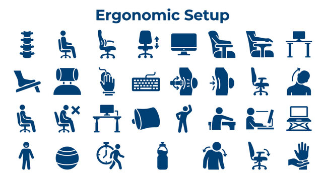Ergonomic setup icons for healthy workspace and good posture at office desk with computer chair and keyboard for body wellness