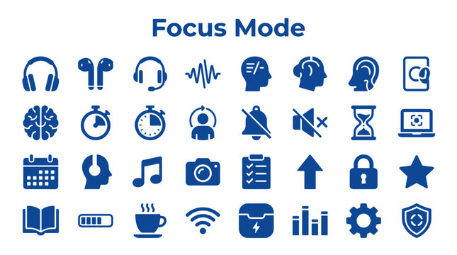 Focus Mode icons representing concentration productivity digital wellbeing and work life balance with elements like headphones brain activity and time management tools for modern professionals