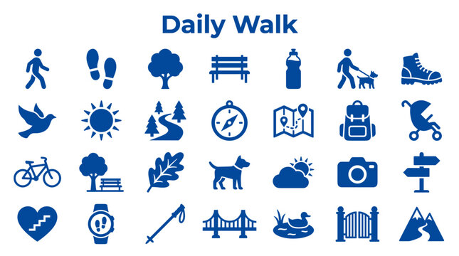 Collection of outdoor activity icons for daily walks and healthy lifestyle concepts showing nature, sports, and travel elements