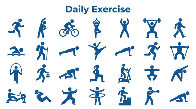 Collection of diverse fitness icons representing various daily exercises and sports activities for a healthy lifestyle and wellness concept