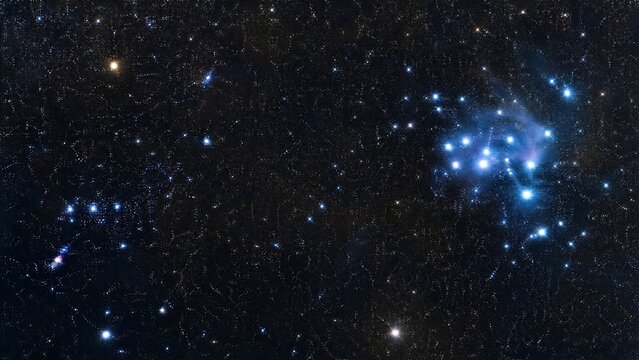 pleiades. Pleiades star cluster shining in winter night sky near Orion, astronomical photography. STEM education sheets, lab safety posters, designed for STEM education and laboratory safety posters.