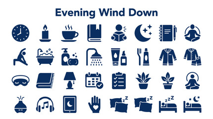 Evening wind down routine icons for relaxation and sleep preparation promoting well being and calm night time activities for healthy lifestyle concept © Iconique Studio