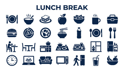 Collection of food and meal icons representing lunch break and dining options © Iconique Studio