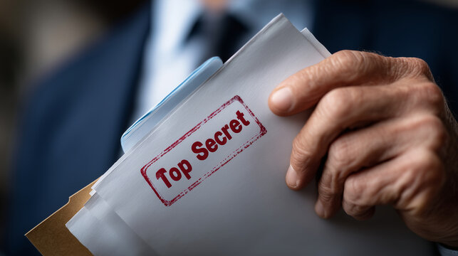 Man hand holding confidential folder with red "Top Secret" stamp. Information security, data protection and classified espionage document. Business intelligence, privacy and myster