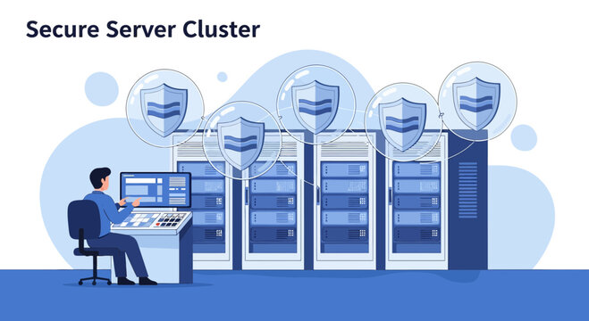 Secure Data Center Server Cluster with Cybersecurity Shields & Technician