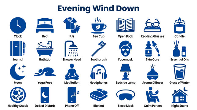 Evening wind down routine icons for relaxation and sleep preparation including a clock bed tea book and meditation symbols for calm lifestyle
