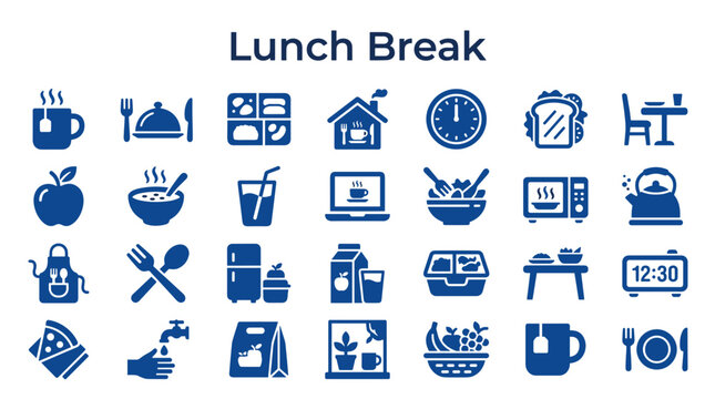 Collection of food and drink icons representing a lunch break with various mealtime and refreshment elements