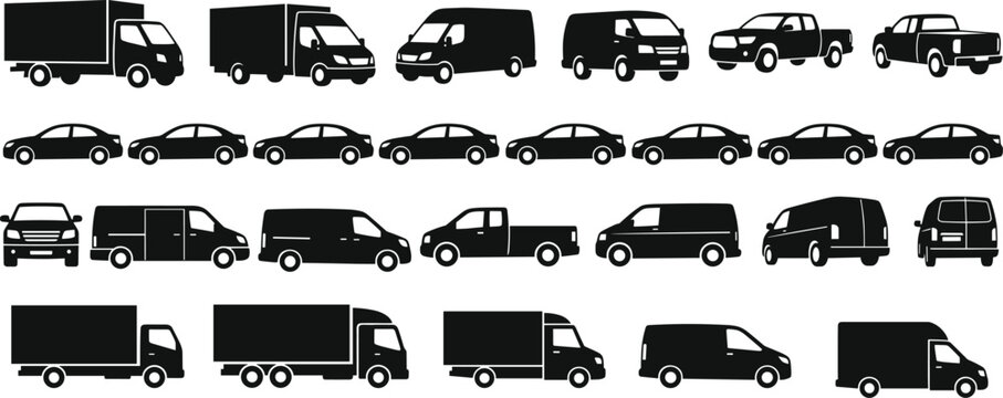 Large collection of commercial vehicle silhouettes including trucks vans cars and pickup trucks for logistics transport design