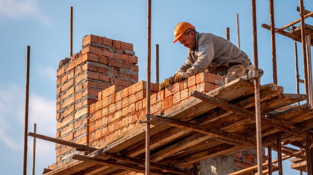 A bricklayer hard at work during the ongoing construction of a residential building structure. The scene captures active masonry work, with careful placement of bricks.