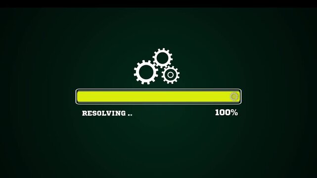 Network resolving progress bar with rotating gears, representing technical domain name lookup and connection processing.
