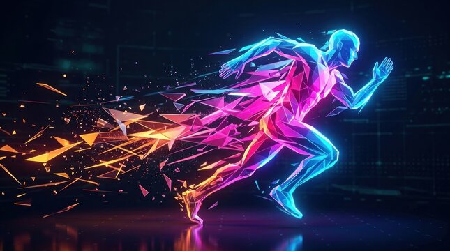 A dynamic, neon-lit figure of a runner is depicted in a burst of fragmented light. The runner&rsquo;s form is constructed from sharp, geometric shapes in vibrant 